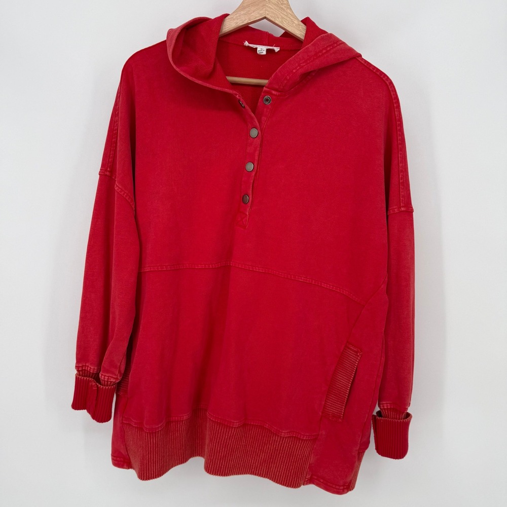Sewn + Seen Hoodie Women Size M Red‎ Snap Button Mineral Wash Oversized Pullover